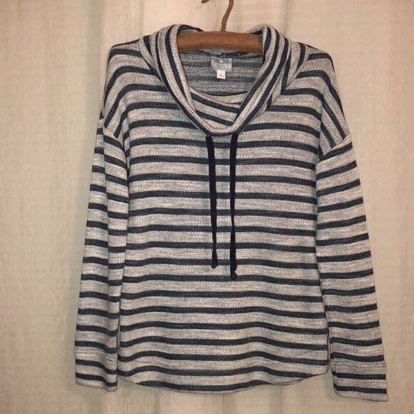DB Sunday M Gray Blue Striped Drawstring Cowlneck Knit Terrycloth Inner Pullover - Picture 1 of 14